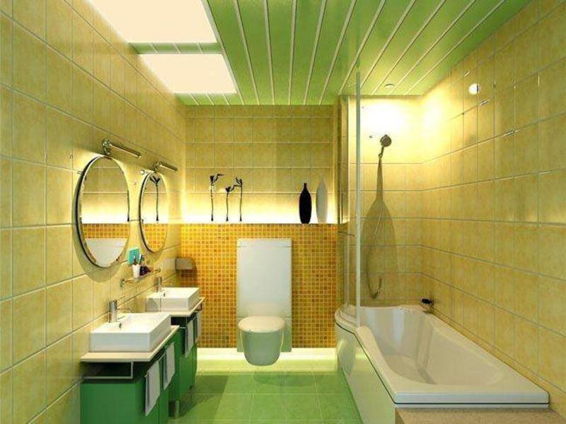 Фото ванної кімнати після ремонту ПВХ-панелями з тематичним малюнком   Пластикові панелі часто використовують для обробки стелі